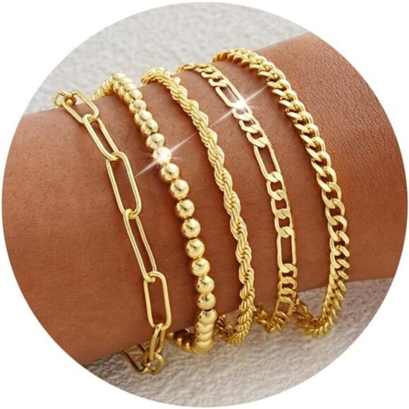 Gold Bracelets for Women, Dainty 14K Gold Plated Stackable Link, Trendy - Picture 1 of 6